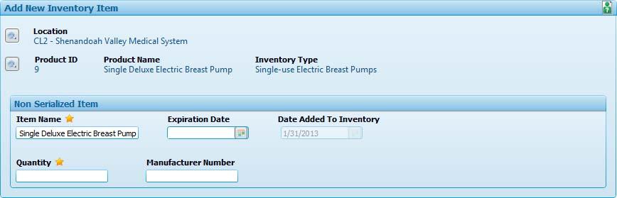 11. The Add New Inventory Item screen refreshes and displays the selected product. 12. Complete additional information for the product in the item details section.