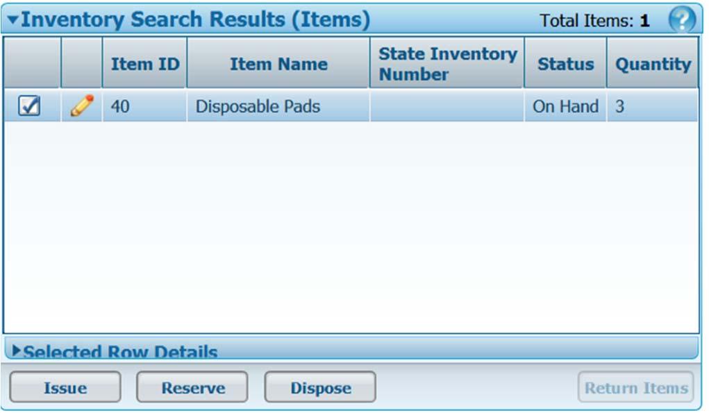 The items associated to the selected product display in the Inventory Search Results (Items) grid. 3.