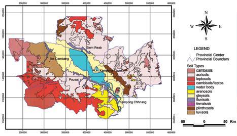 Table 1: Area of the major soil types in the five provinces surrounding the Tonle Sap Lake of Cambodia. Presented data are extracted from map shown in Figure 1 (Source: MRC, 2002).