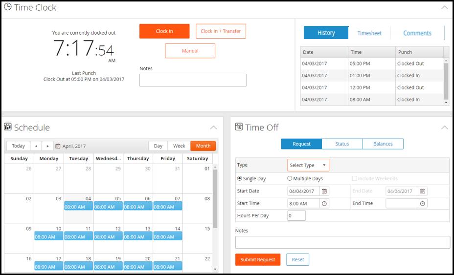 Employee Dashboard Clock in and out, review weekly hours worked via Timesheet, view your
