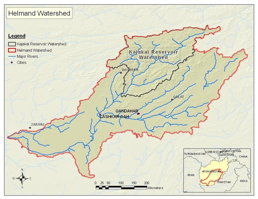 Figure 1. Helmand watershed. Table 1. Areas of the Kajakai Reservoir watershed and the Helmand River watershed by elevation band.