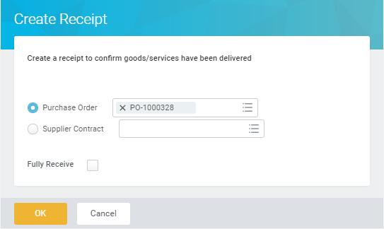 Create Receipt (Partial or Full) All Receipts reference the PO or Supplier Contract
