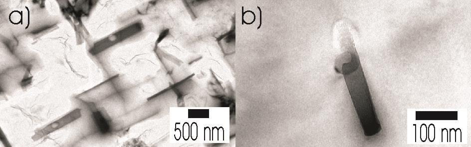 Fig. 8: TEM bright-field micrographs of (a) AA6005A after cooling with 8 K/min and (b) AA6063 after cooling with 50 K/min.