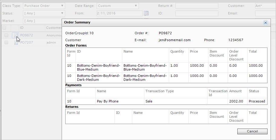 Order summary preview Click the Order Summary icon next to the purchase order ID to display a summary of the order information.