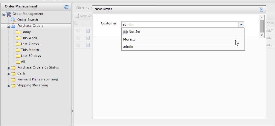 84 Episerver Commerce User Guide 16-9 Creating an order from order list 1. Go to Order Management > Purchase Orders. 2. Click New Order. A dialog box appears. 3.