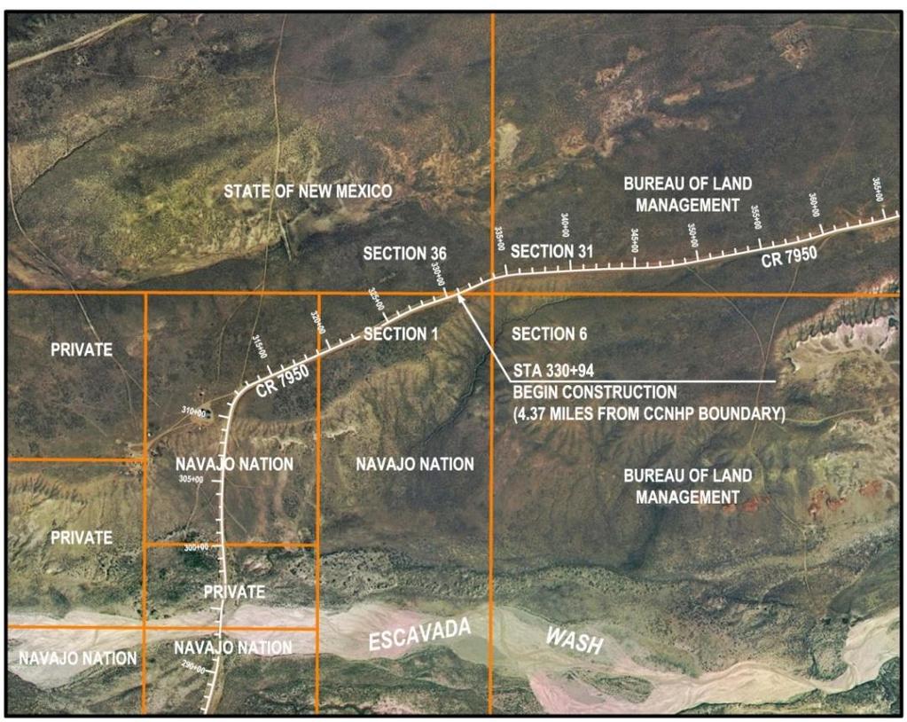 Construction Project Limits /Proposed Action The construction of proposed improvements to CR 7950 is planned to begin at the north boundary of Navajo Tribal Fee lands, at Sta.