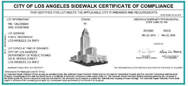 Program Establishes Certificate of Sidewalk Compliance to property owner once sidewalk is ADA