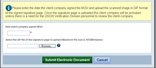 Enter the date the MOU was signed by the Client, attach the signature page, and click Submit Electronic Document.