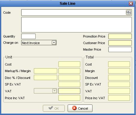 Sale Lines Press the New button and select Sale to get the Sales Detail Editor Enter the product code or any part of the description of the item to search for it.