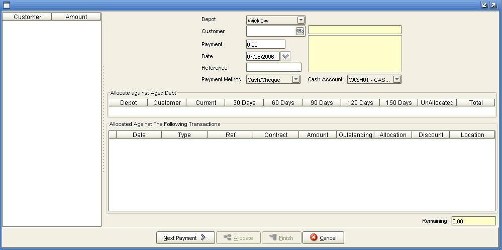 Select File, New Payment from the Sales Ledger Menu. Select the Depot that the account belongs to.