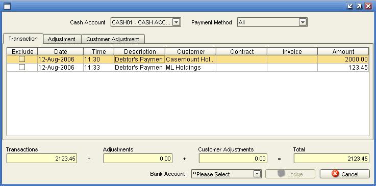The bottom of the screen displays the summary for the cash account; The sum of transactions, adjustments and customer adjustments should total to the amount that you