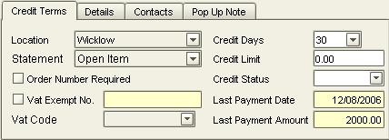 Credit Terms Tab Select the Credit Terms tab. Location To define the Location use the drop-down combo as before.