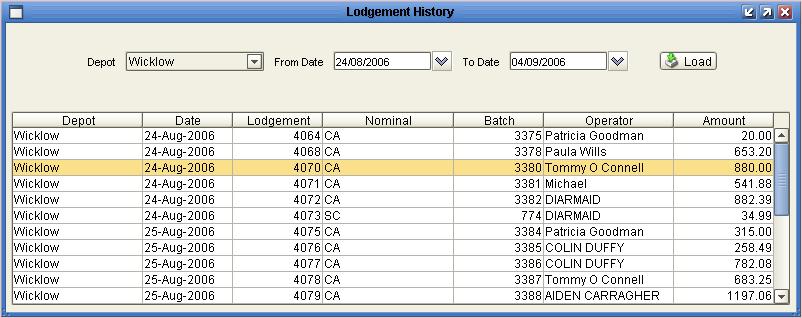Lodgement History Select File, Open, Lodgement History from the Sales Ledger Menu. Select the Depot by using the drop-down combo, highlighting the allocation and then click.