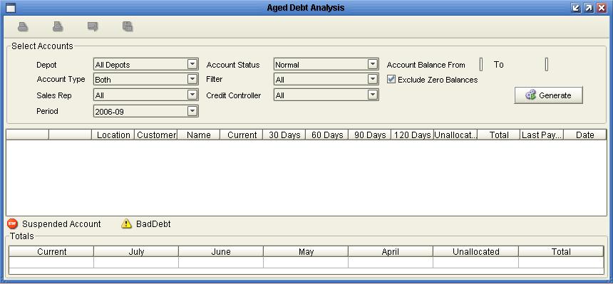 The system now displays the Aged Debt Analysis panel. If you wish to generate the aged debt analysis as it was at a previous date, key in the relevant date to the 'as at' bar.