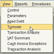 Turnover Select View, Turnover from the Sales Ledger Menu.