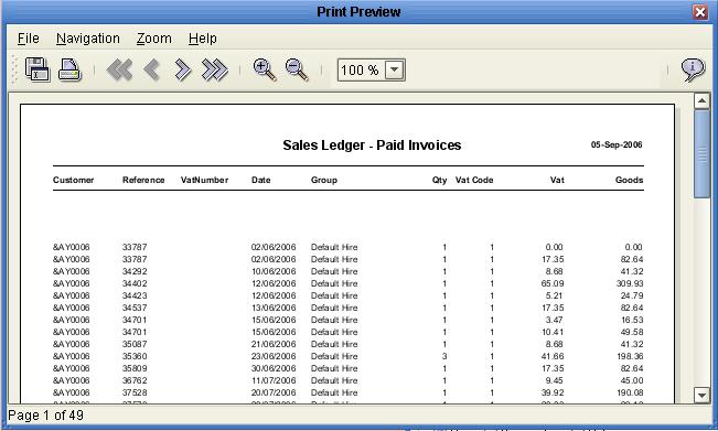The relevant data appears in the lower half of the paid invoices report window and
