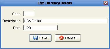 Tables Menu Currencies Select Tables, Currencies from the Sales Ledger Menu. Creating and Editing a Currency You may add a New code, Description and Rate by clicking New.