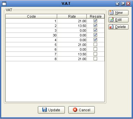 Vat Select Tables, Vat from the Sales Ledger Menu.