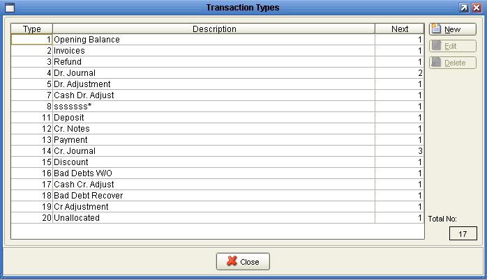 Transaction Types Select Select Tables, Transaction Types from the Sales Ledger. This will display a table of the different types of transactions available on the system.