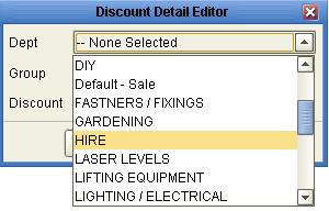 In either case, if you wish to create a new discounted item, select the New button to the right of the tab. Specify the department and group for which the discount is issued.