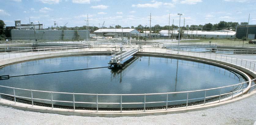Four 110-foot diameter tanks in this wastewater treatment plant operate at an average raw flow of 400 GPD per square foot of overflow. Effluent BOD ranges from 4 to 6 ppm.