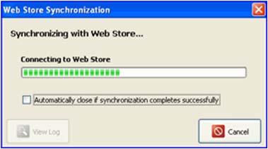 The Web Store Synchronization progress dialog is displayed. In the event that error occurs, select View Log to see all synchronization actions and troubleshoot the error.