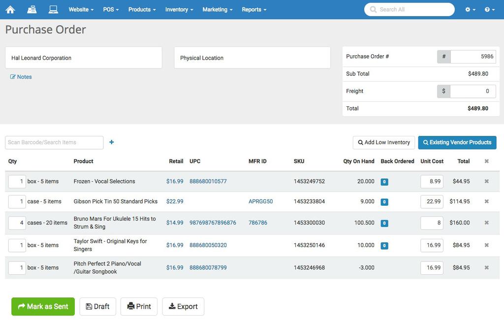 Manage Inventory Purchase Orders Quickly check inventory levels and create new purchase orders from one simple screen.