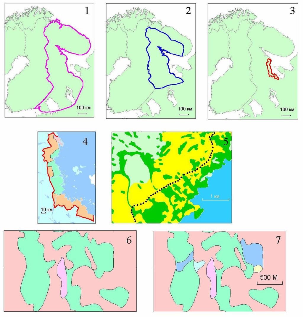 Hierarchical system of the landscapebased natural spatial differentiation of the forest cover (in the Russian part of Fennoscandia): 1) taiga zone; 2) north-taiga subzone; 3) landscape district.
