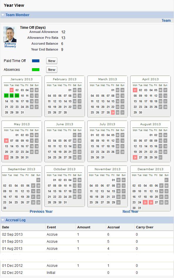 Vacation / Paid Time Off Fairsail displays the time off calendar for the individual team member, including the