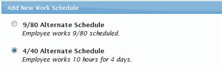Alternate Work Schedule Assignment (Manage Employee tab, Search Employee Profile sub tab) Currently, TRS allows for two alternate work schedules (9/80 and 4/40).
