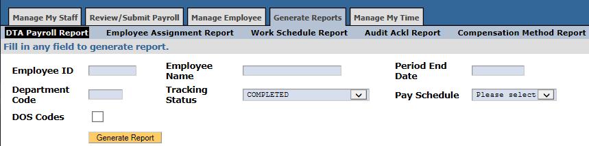 Generate Reports TRS offers the DTA five reports that can be generated and exported to Excel or PDF. There are five sub tabs under Generate Reports: 1.