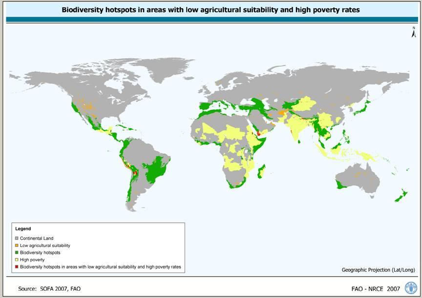 Biodiversity hotspots in areas with low agricultural suitability and