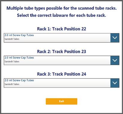 3. Once all tube racks are scanned, the interface will display the number of samples that were successfully scanned. Press the Exit button to proceed.