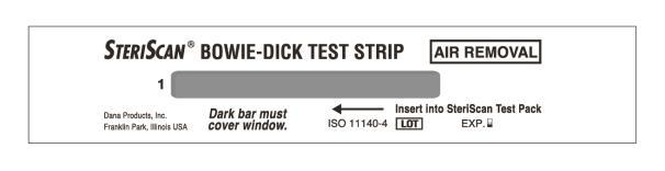 Interpretation of SteriScan BD-Test-Strip (Bowie-Dick-Test): a. Sterilization conditions fullfilled = The indicator-window is completely filled with indicator-ink (blue up to dark grey). b.