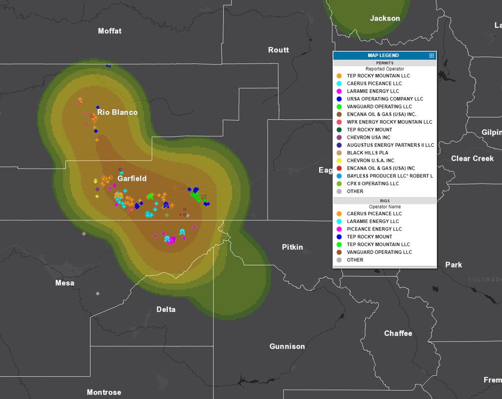 Last 90 days Permit Heat Map Garfield County is the most active county in Piceance as far as permitting in the last couple months. Rio Blanco, Mesa, and Delta also show some permitting activity.