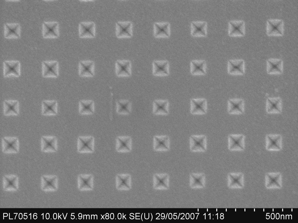 Fabrication of mold with inversepyramid-shaped hole array (111) SiO 2 mask Si (100) KOH etch Si (111) direction 100 times slower than other crystalline planes.