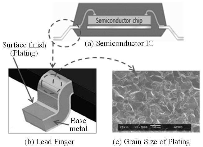 2886 S.-J. Shin et al. / Journal of Mechanical Science and Technology 23 (2009) 2885~2890 products. The test is based on JEDEC standard for tin whisker test [6]. 2. Whisker growth mechanism Lead finger structure of Semiconductor IC and the plating grain are shown in Fig.