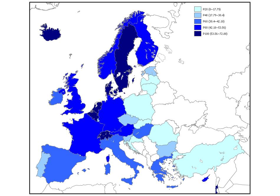Figure 16 Map of research excellence scores in Europe, (Framework 3, adjusted weights, 2009) Change over time The score changes between time points 2005 and 2009 are plotted on the map in Figure 17.