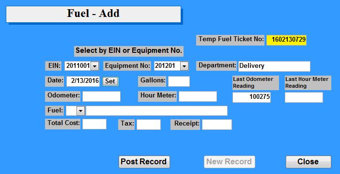 Fuel records Fuel records can be entered into the system and reports generated by equipment or department.