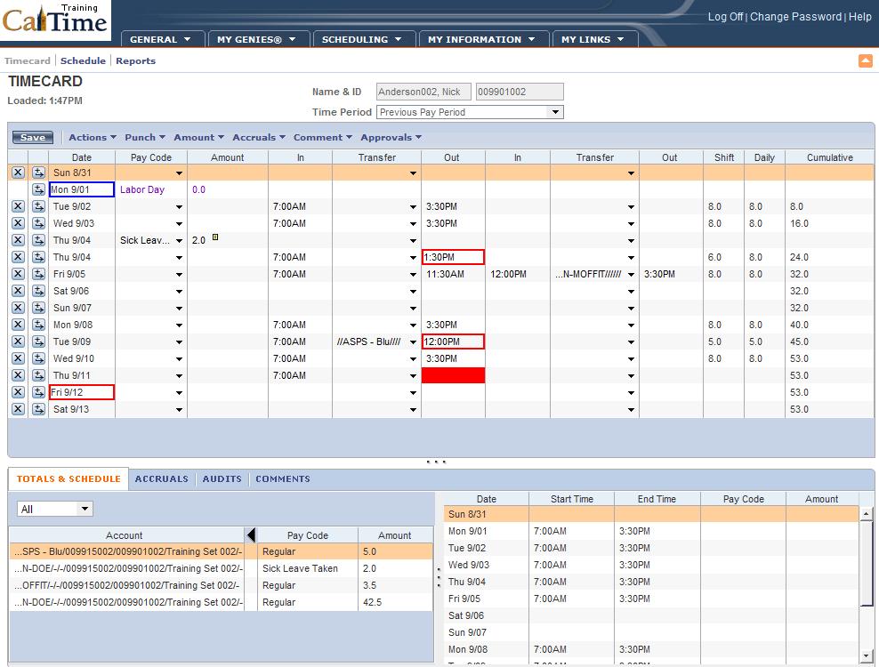 Schedule Window in a Timecard Supervisors of Non-Exempt Employees (RDP): Responsibilities and Getting Started In the following illustration, you see an RDP view of an employee s timecard.