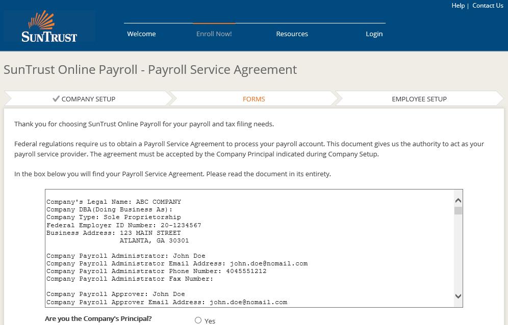 Step 8: Terms and Conditions Review the SunTrust Bank Online Payroll Service