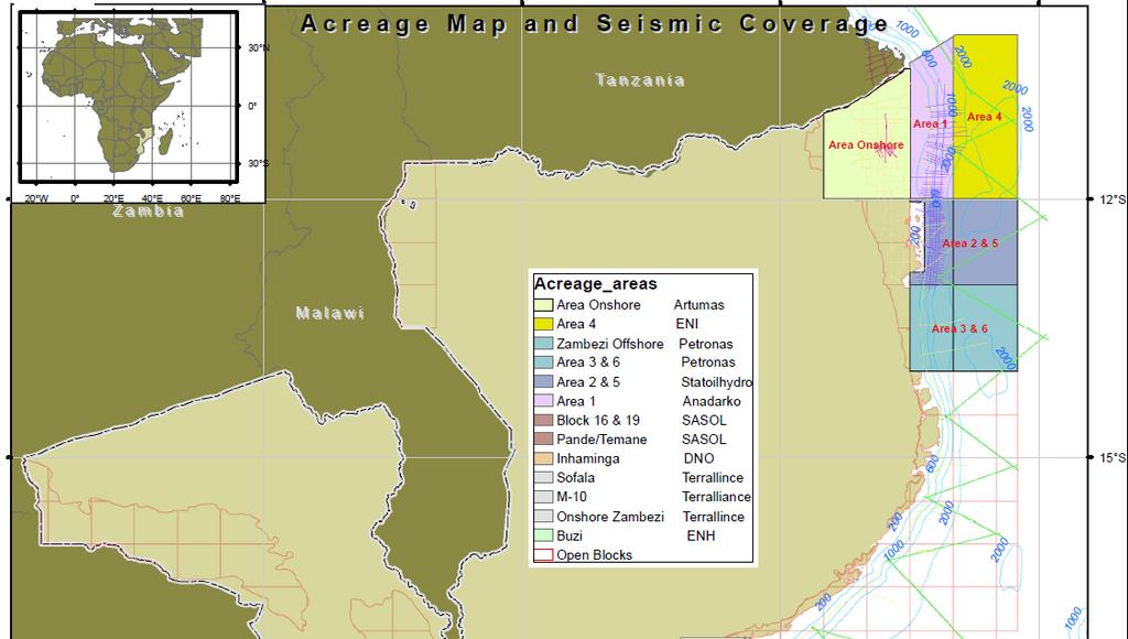 Large discoveries in northern Mozambique not yet developed 5 discoveries in area 1: 30 50 tcf (Anadarko 36,5%, Mitsui 20%, Bharat 10%, Videocon 10%,