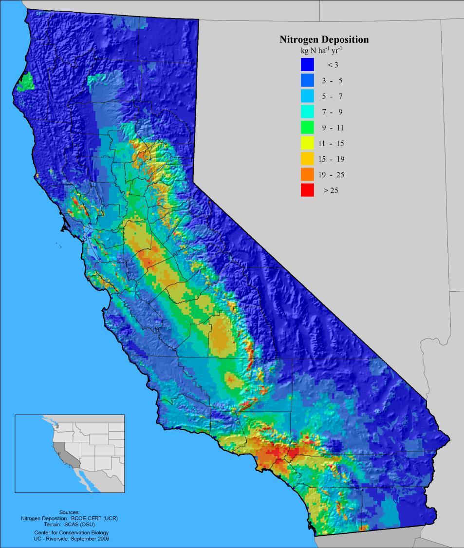 Nitrogen deposition in California San Francisco Caused by fossil fuel combustion (nitrates) and