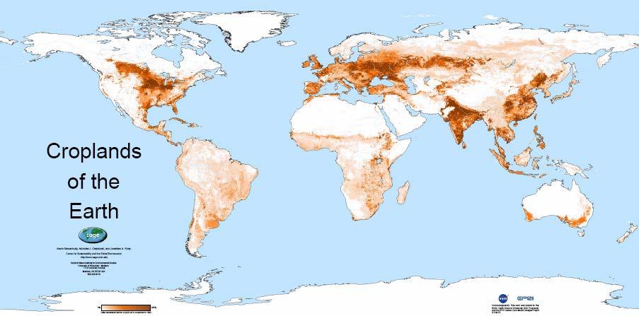 Croplands of the Earth Interpretation: The darker the shading, the larger the percent of the land under that