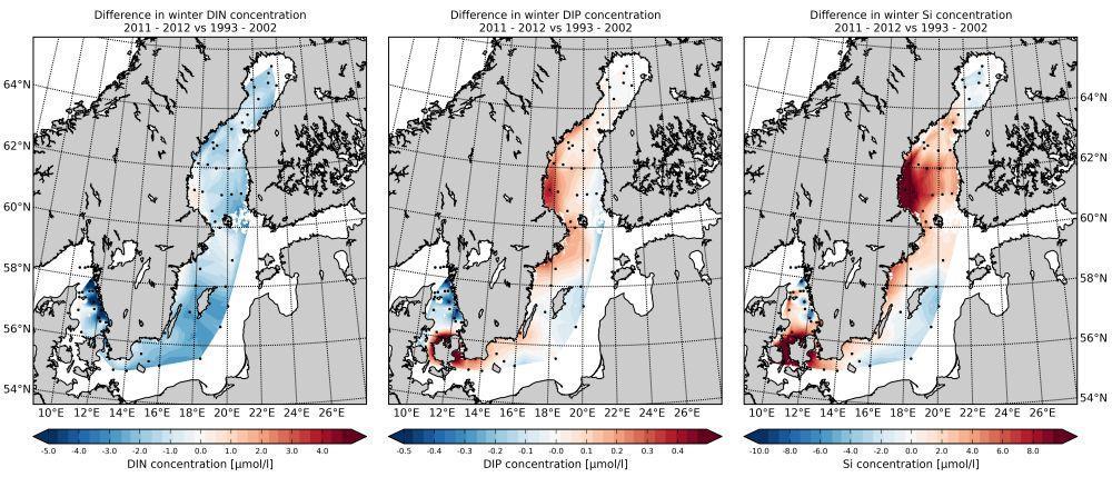 Figure 4. Difference between winter 2011-12 nutrient concentrations (DIN: left; DIP: centre; Silicate: right) and the 1993-2002 means.
