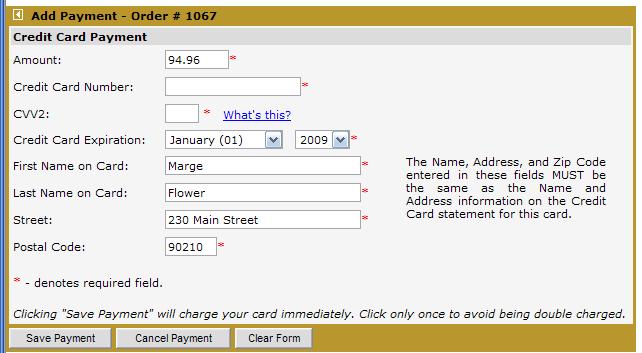 Enter your credit card information into this screen and select the Save Payment button to immediately charge your credit