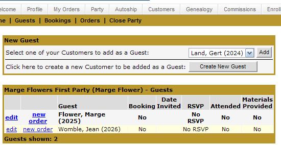 This screen will also allow you to start a new Party Order or Booking by selecting the