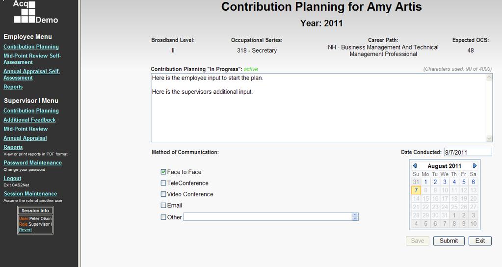 Contribution Planning Supervisor CAS2Net refreshes screen with last saved text for selected employee. The supervisor edits and enters text as needed.