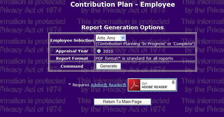Contribution Planning Report Supervisor CAS2Net refreshes the screen to display the Contribution Plan, Report Generation Options.