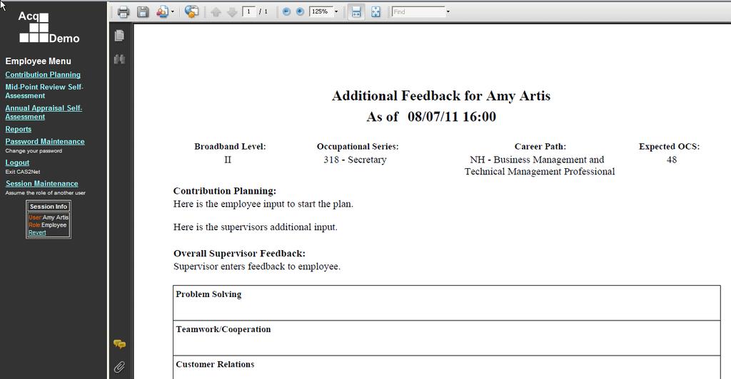 Additional Feedback Report Employee CAS2Net refreshes the screen to display the Additional Feedback report in PDF format.